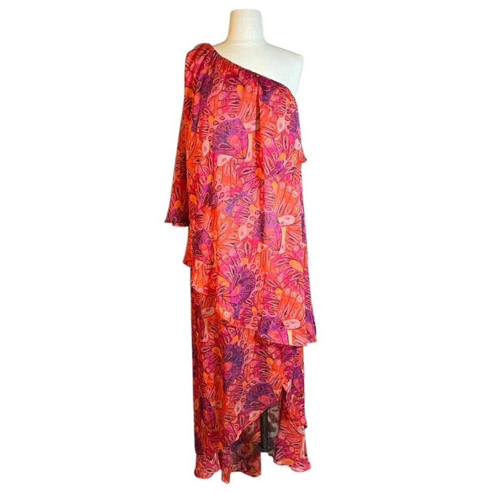 MISA NWOT one shoulder tiered sheer coverup dress | L